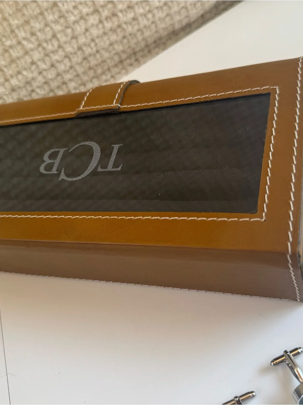 TCB Brown and Black Leather Cufflink Case with Silver-Tone Cufflinks